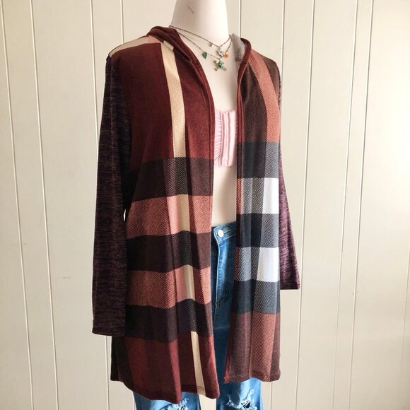 Plaid Hooded Cardigan Sweater Plus Sizes - Picture 4 of 6